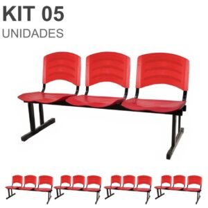 Kit 05 Cadeiras Longarinas PLÁSTICAS 03 Lugares - Cor Vermelho 33043