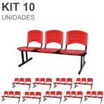 Kit 10 Cadeiras Longarinas PLÁSTICAS 03 Lugares - Cor Vermelho 33048