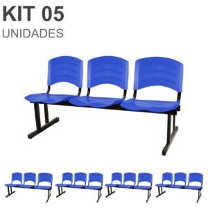 Kit 05 Cadeiras Longarinas PLÁSTICAS 03 Lugares - Cor Azul 33052
