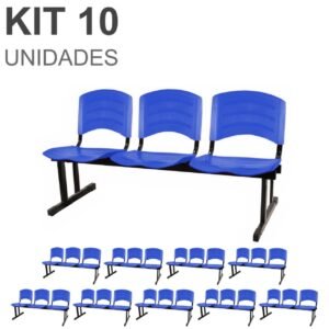Kit 10 Cadeiras Longarinas PLÁSTICAS 03 Lugares - Cor Azul 33057