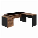 Mesa para Escritório em "L" com VIDRO FUMÊ - 1,92X1,60M NOGAL SEVILHA/PRETO - 21407