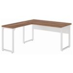 Mesa em L PÉ QUADRO (Mesa 1,50m + Mesa Auxiliar) - S/ Gavetas - WORKSTART - NOGAL SEVILHA/BRANCO - 34329