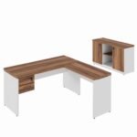 Kit Mesa Escritório em "L" 1,50x0,60m c/ Gavetas + Armário Baixo Credenza - WORKSTART - NOGAL SEVILHA/BRANCO - 34337