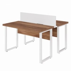 Estação de Trabalho Dupla 1,20×1,35m sem Gavetas c/ ponto de tomada PÉ QUADRO – Cor Nogal Sevilha/Branco - 34424